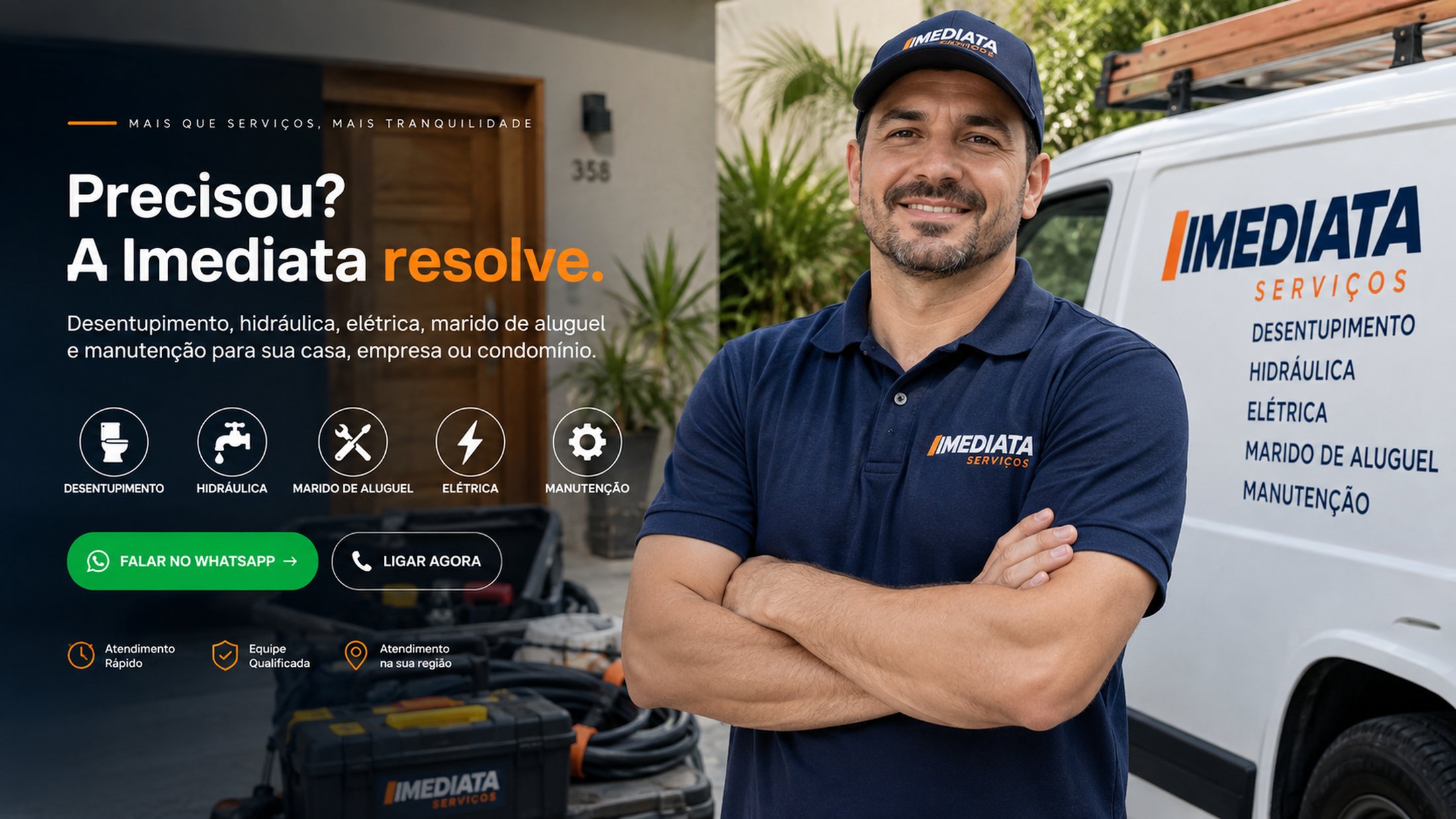 Técnico da Imediata em frente à van da empresa. Precisou? A Imediata resolve: desentupimento, hidráulica, marido de aluguel, elétrica e manutenção.