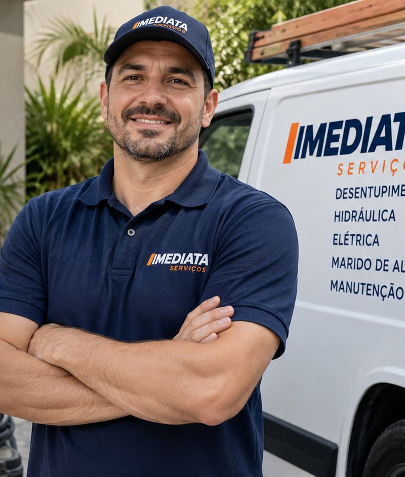 Técnico da Imediata em frente à van da empresa